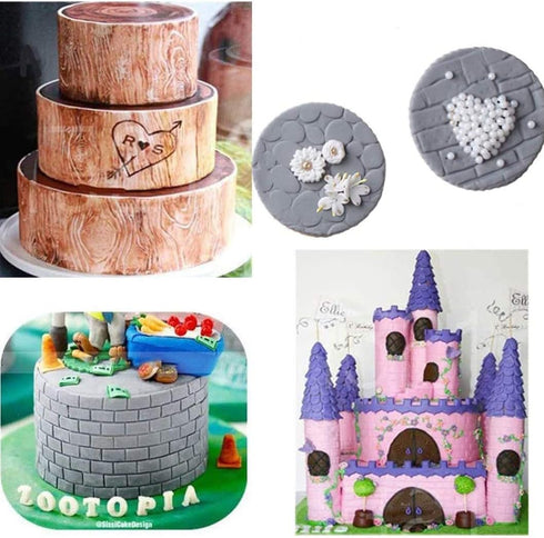 Fondant Impression Mat Mold Set, 6Pack Embossed Tree Bark, Brick Wall, Flower, Cobblestone, Stone Wall Texture for Cupcake Top Decoration with 8pc...