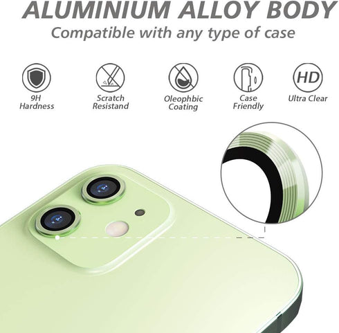 CloudValley Camera Lens Protector for iphone 12/12 Mini / 11, Tempered Glass Film, Aluminum Alloy Screen Cover, 2 Pack Green, with Cleaning Kit...