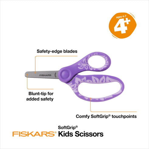 Fiskars 5" SoftGrip Blunt-Tip Scissors for Kids Ages 4-7 (3-Pack) - Scissors for School or Crafting - Back to School Supplies - Blue, Purple, Pink...