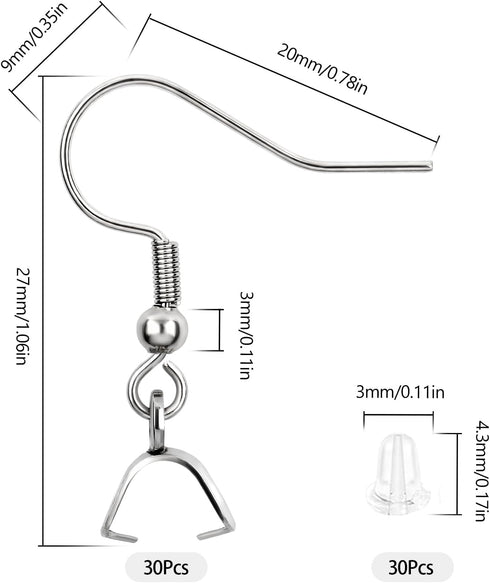 60 PCS/30 Pairs Stainless Steel Earring Hooks - Earring Making Kit with Clear Silicone Earring Backs - Silver Hypoallergenic Ear Wires Fish Hooks,...