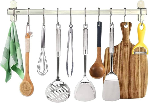 Kitchen Rail with Hooks (10 hooks): Utensil Rack, Kitchen Utensil Hanger, Pot and Pan Hanging Rack, Pot Hangers for Kitchen, Pot Rack Wall Mounted...