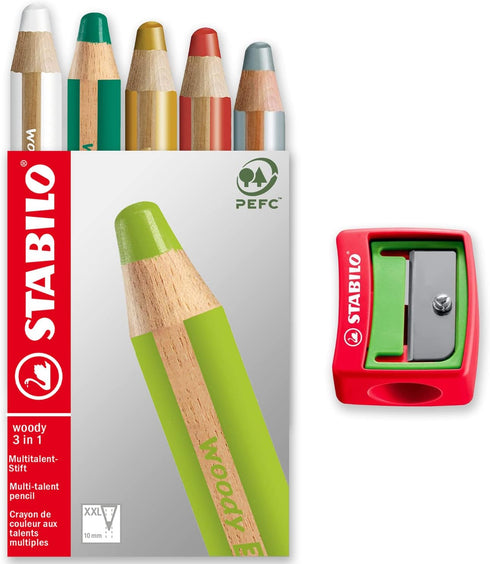 STABILO Multi-talented Pencil woody 3-in-1 - Box of 5 - Red, Dark Green, White, Silver & Gold + Sharpener...