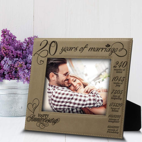 BELLA BUSTA-20 Years of Marriage-Months, Weeks, Days, Hours, Weeks, Minutes, Seconds-20th Anniversary- Engraved Leather Picture Frame (5 x 7 Horiz...