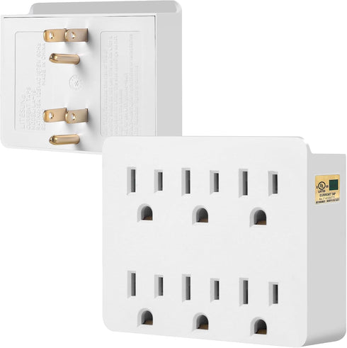 6 Outlet Wall Adapter, FiiMan UL Listed 3-Prong Grounded Outlet to The Side, Wall Plug Side Access Adapter, 6 Way Outlet Extender Tap, White (1 Pa...