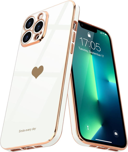 Teageo for iPhone 13 Pro Case for Women Girl, Cute Love-Heart Luxury Bling Plating Soft Back Cover, Raised Full Camera Protection Bumper, Silicone...