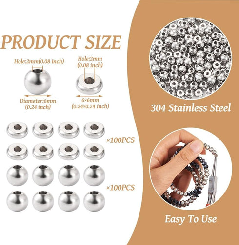 Fashewelry 200pcs 304 Stainless Steel Round Beads Flat Round Spacer Beads 6mm Metal Loose Beads for DIY Beading Bracelet Necklace Jewelry Making H...
