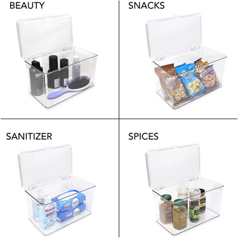 Isaac Jacobs Large Stackable Organizer Bin (10.75” x 6.5” x 6.1”) w Hinged Lid Clear Storage Box Home Office School Fridge Bathroom Kitchen Pantry...