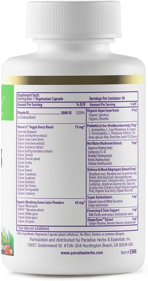 Paradise Herbs Earth's Blend Vitamin D3, Superfoods Base of Probiotics and Organic Alkalizing Greens, Veggies & Berries, 90 Vegetarian Capsules...