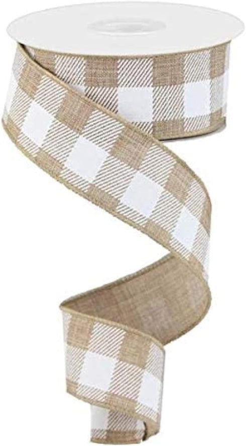 Plaid Check Wired Edge Ribbon - 10 Yards (Light Tan, White, 1.5")...