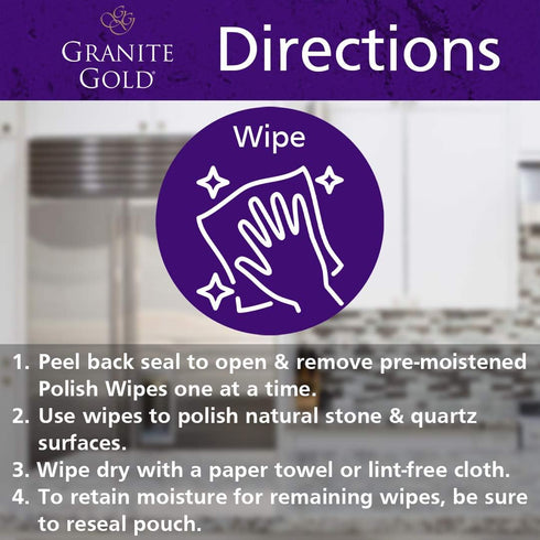 Granite Gold Polish Wipes Streak-Free Shine for Granite, Quartz, Marble, Travertine, Natural Stone Countertops, 18 Count, 1-Pack...