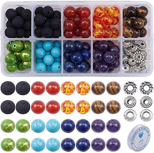 SUNNYCLUE 100pcs+ 10mm Natural 7 Chakra Lava Stone Beads Round Loose Beads Kit Spacer Beads with Crystal Strings for Essential Oil Jewelry Making...