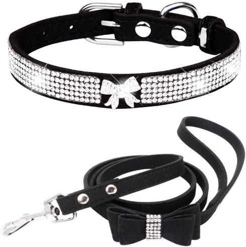 Dogs Kingdom Full Shining Rhinestone Dog Collar Leash Set, Holiday Bow Tie Crystal Dog Kitten Puppy Costume Outfits Accessories, Soft and Adjustab...