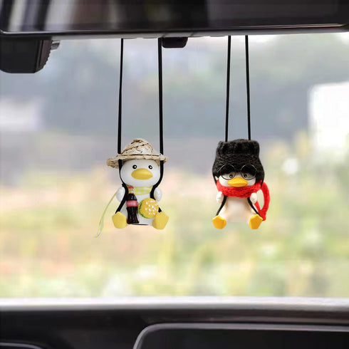 Car Hanging Ornament Swing Duck, Cute Duck Car Mirror Hanging Accessories, Hanging Swing Duck Car Pendant with Red Scarf...