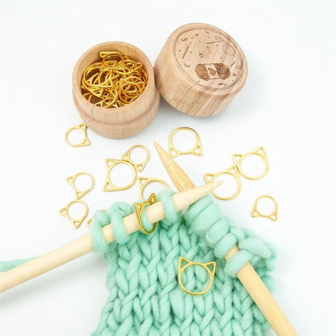 30 Pcs Stitch Markers with Wooden Storage Box, Cat Ears Metal Knitting Crochet Locking Markers Crochet Latching DIY Weaving Knitting Sewing Tools...