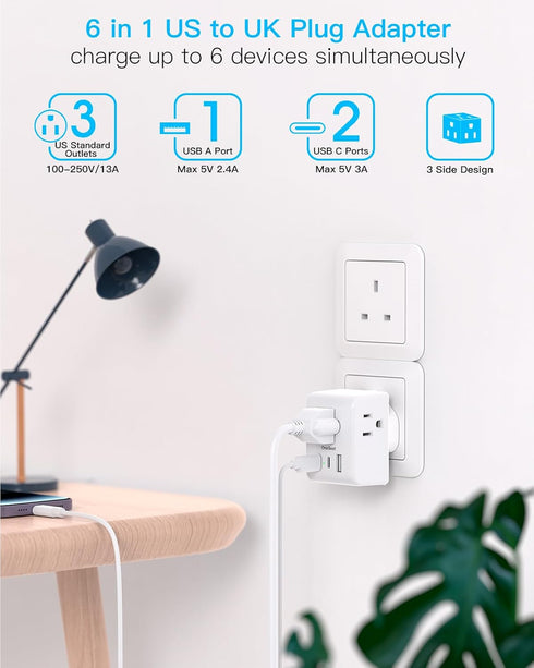 US to UK Ireland Travel Plug Adapter, Type G Power Plug Adapter with 3 Outlets 3 USB Ports(2 USB C), European Travel Plug Adapter for USA to Engla...
