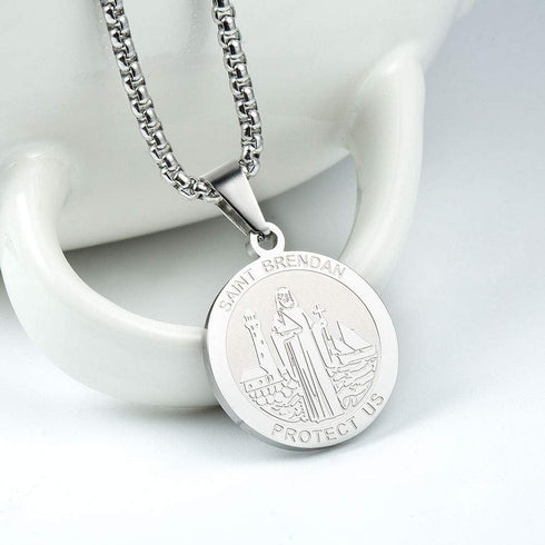 Saint Brendan Necklace - 1" Stainless Steel Catholic St. Brendan Medal Pendant with 24" Chain...