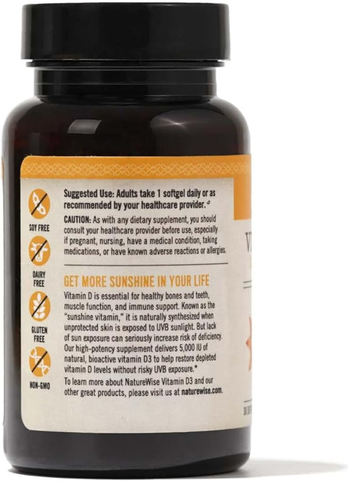 NatureWise Vitamin D3 5000iu (125 mcg) Healthy Muscle Function, and Immune Support, Non-GMO, Gluten Free in Cold-Pressed Olive Oil, Packaging Vary...