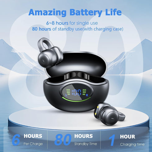 Open Ear Clip Earbuds Bluetooth 5.3 Wireless Sports Headphones with HD Dual Mic, 80 Hours Playtime Dual LED Display, IPX7 Waterproof for Sports/Wo...