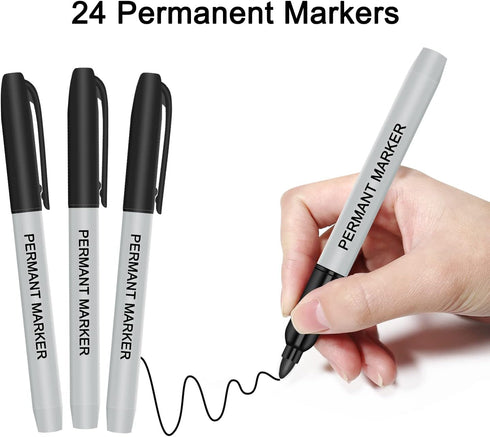Permanent Marker Pens, 24 Counts Black Fine Point Permanent Marker Sets for Writing Doodling Marking Coloring...