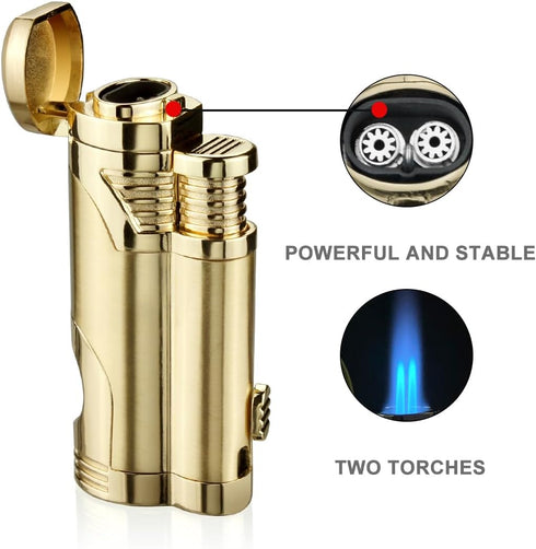 Cigar Torch Lighter with Punch Butane Refillable Lighters 2 Jet Flame Torch Strong Windproof Without Gas (Gold)...