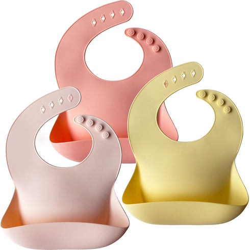 Moonkie Silicone Baby Bibs Set Of 3, BPA Free Soft Adjustable Fit Waterproof Feeding Bibs for Babies and Toddlers(Pink/Pastel Yellow/Soft Pink)...
