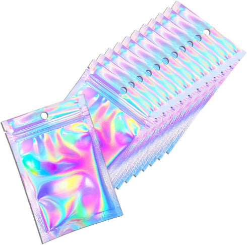 100 Pcs Holographic Resealable Packaging Bags for Small Business Supplies, Cute Small Color Smell Proof Foil Pouch Plastic Baggies for Lip Gloss S...