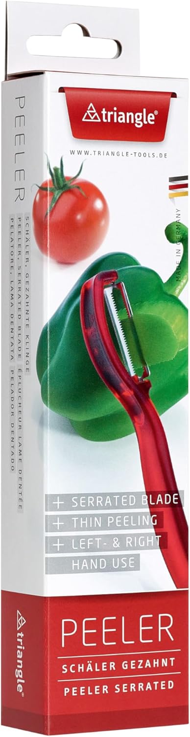 triangle Swivel Peeler, Red - Stainless Steel Serrated Twin Blade - Peels Soft, Delicate Fruits & Vegetables - Lightweight Handle - Dishwasher Saf...
