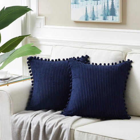Fancy Homi Pack of 2 Corduroy Navy Blue Decorative Throw Pillow Covers with Pom-poms, Solid Square Cushion Case Pillow Cases Set for Couch Sofa Be...