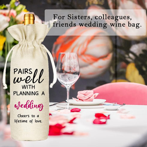 Wedding Gift Wine Bag, Engagement Wine Bag, Engagement Gift for Bride Groom, Wine Bag Gift for Couples, Bridal Shower Gifts, Linen Drawstring Wine...