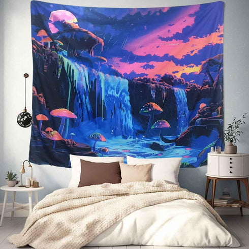 Algasan Blacklight Mushroom Waterfall Tapestry Black Light Nature Tapestry Landscape Tapestry Forest Starry Night Fantasy Wall Hanging Tapestries ...