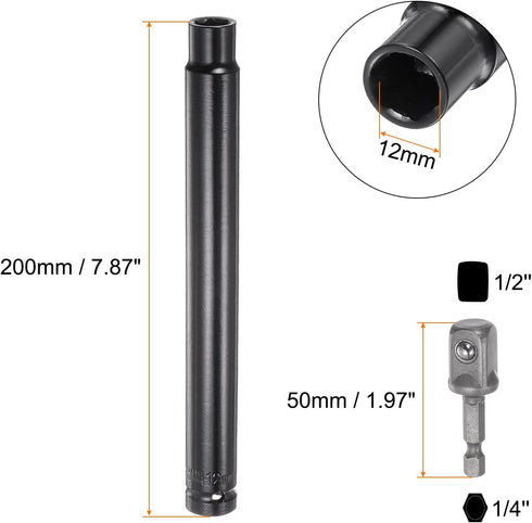 2pcs Extra Long Hollow Socket, 12mm x 200mm Deep Well Impact Nut Driver with 1/4" Quick-Change Hex Shank Power Drill Adapter...