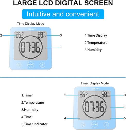 Digital Bathroom Shower Wall Clock Timer, LCD Digital Wall Clock with Suction Waterproof Temperature Humidity Gauge, Touch Screen Timer, Large Cou...