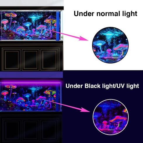 72X24IN Blacklight Mushroom Jellyfish Aquarium Background UV Reactive Background Starry Sky Terrarium Background with 10 EVA Double-Sided Tape...