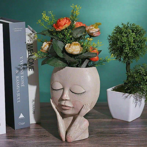 Face Flower Pot Head Planter Pot Cute Lady Face Succulent Planter Resin Cactus Planter Funny Head Plant Pot for Home Garden (Corlor A)...