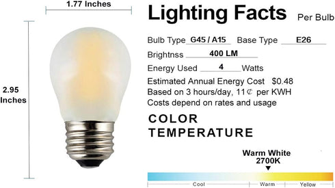 A15 Mini Globe Bulb with LED Filament, 4W Dimmable, 40 Watts Incandescent Replacement, E26 Standard Base, 400Lm Warm White Light(2700K), Frosted G...