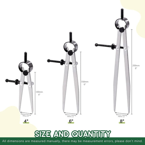 Keadic 3 Pcs 4'' 6'' 8'' Professional Metal Compass Set, Steel Adjustable Lockable Divider Wing Compass, Drafting Compass Tool for Leather Work, W...