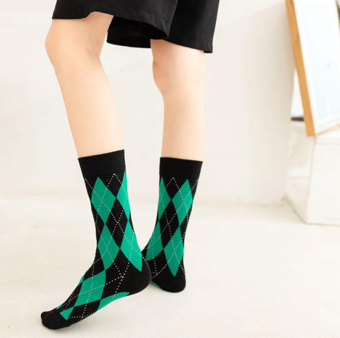 Argyle Socks Retro High Ankle Women 5 Pairs British Style Cute Plaid Mid-calf Casual Crew Socks...