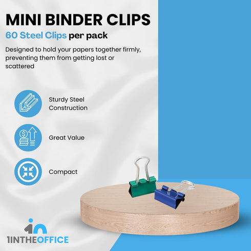 1InTheOffice Mini Binder Clips, Paper Clamp, Metal Binder Clips, Document Binder Clip, Assorted Color, 60 Pack...