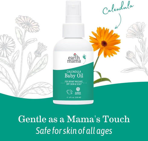 Earth Mama Calendula Baby Oil | Massage Oil for Newborn Skin Care, Dry Skin & Scalp Moisturizer, Fragrance Free, 4-Fluid Ounce (2-Pack)...