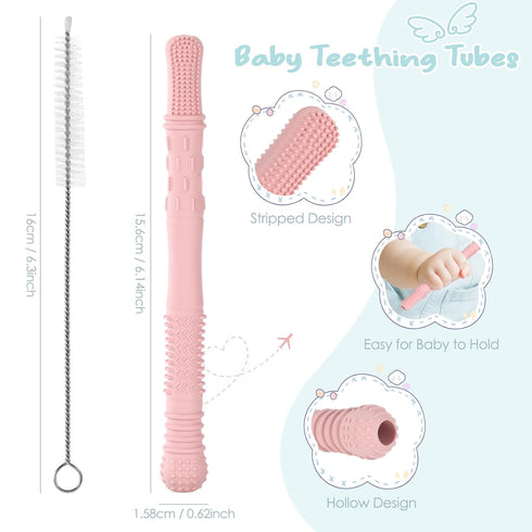 Baby Teether Tubes Teething Toys, 4 Pack silicone Hollow Teething Sticks for Babies 0-36 Months Chew Straw Toy Infant Teething Relief Toddlers Tee...
