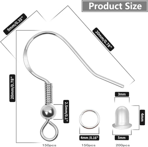 925 Sterling Silver Plated Earring Hooks 150 PCS/75 Pairs,Ear Wires Fish Hooks,500pcs Hypoallergenic Earring Making kit with Jump Rings and Clear ...