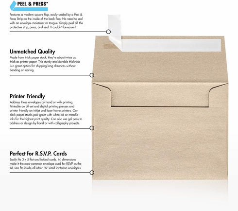 LUXPaper 4Bar A1 Invitation Envelopes | Peel & Press | 3 5/8" x 5 1/8" | Taupe Metallic | 80lb. Text | 50 Qty...