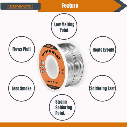 TOWOT Tin Lead Rosin Core Solder Wire for Electrical Soldering, Content 1.8% Solder Flux Sn60-Pb40 (0.6mm, 100g)...