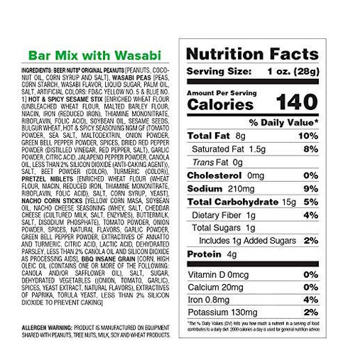 BEER NUTS Bar Mix w/Wasabi - Pretzels, Cheese Stix, Sesame Stix, Insane Grain & Wasabi Peas - 32oz Resealable Bag (Pack of 1)...