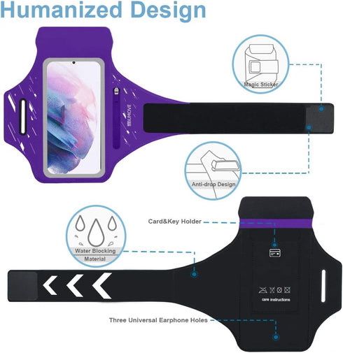 Running Armband with Headset Bag for Samsung Galaxy S25, S24, S23,S22,Zipper Slot Car Key Holder, Workouts Sports Phone Arm Band (Purple)...