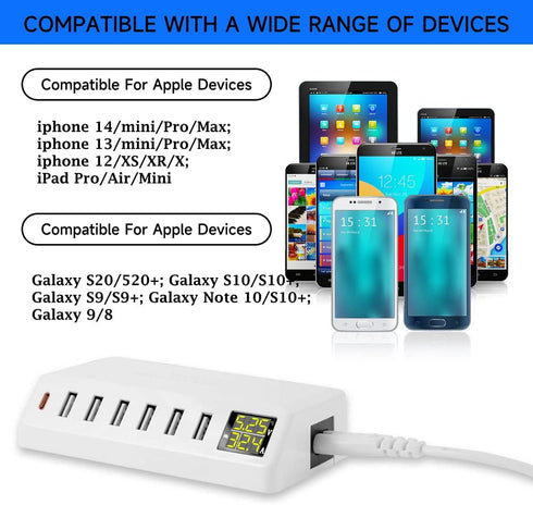 USB Charging Station, 60W/12A 7-Port USB Charger Station with LED Display for Multiple Devices PD20W USB C Charger for All iPad iPhone14/13/12 Pix...