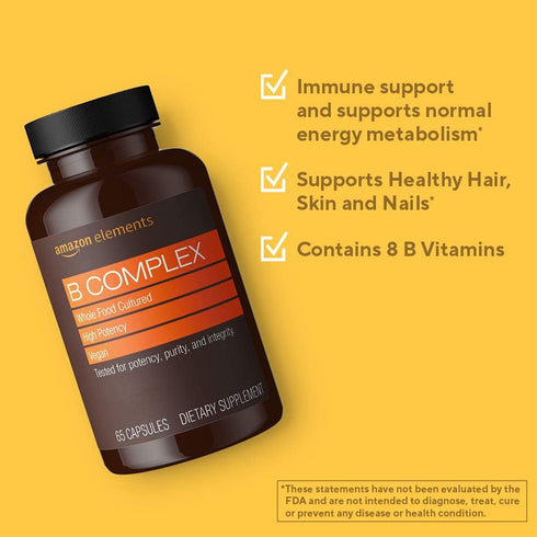 Amazon Elements B Complex, High Potency, 83% Whole Food Cultured, Supports Immune and Normal Energy Metabolism, Vegan, 65 Capsules, 2 month supply...