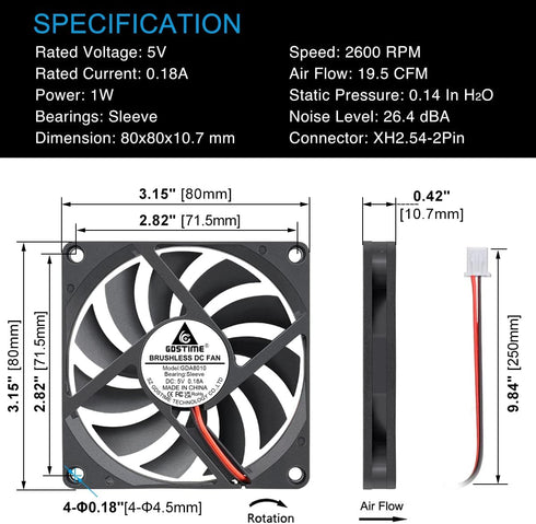Gdstime 80mm x 80mm x 10mm DC 5V Brushless Cooling Fan 2PIN...
