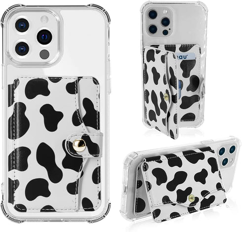 M-Plateau Phone Card Holder, Stick On with Snap Closure 3M Adhesive Leather Phone Wallet Work with iPhone 14 Case and Most Smartphones (Cow Print)...