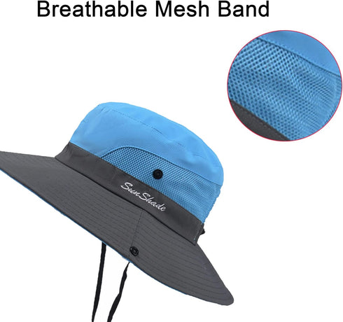 Ponytail Sun Bucket Hat for Women Men Wide Brim UPF 50+ Fishing & Beach Hats...